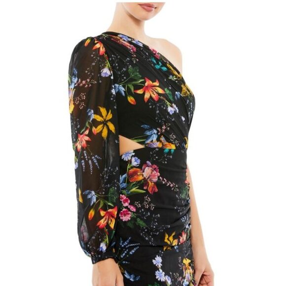 Mac Duggal 55668 Black Floral One Shoulder Cut Out Maxi Dress Formal NWT Sz 0 - Picture 3 of 10